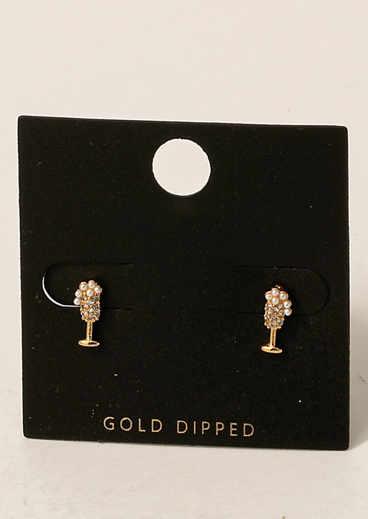 Gold Dipped Cubic Zirconia And Pearl Champagne Glass Stud Earrings