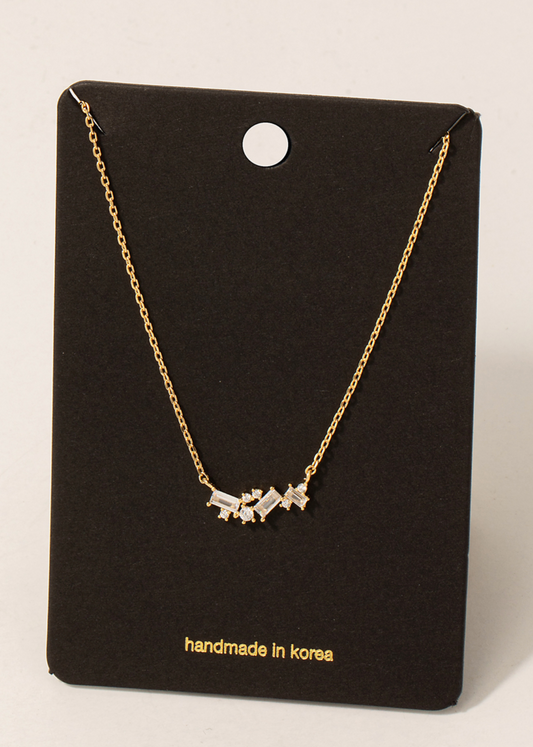 Cubic Zirconia Baguette Stud Cluster Pendant Chain Necklace