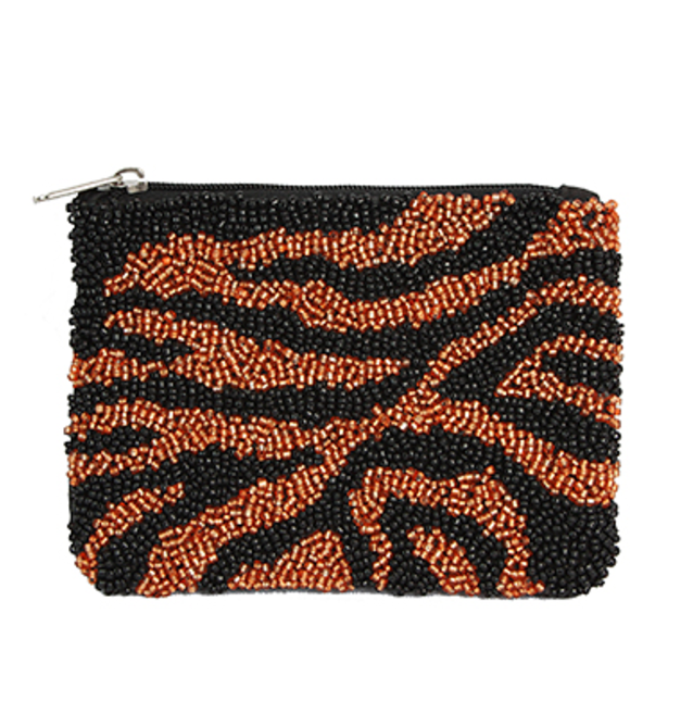 Beaded Orange and Black Tiger Pattern Zip Coin Pouch