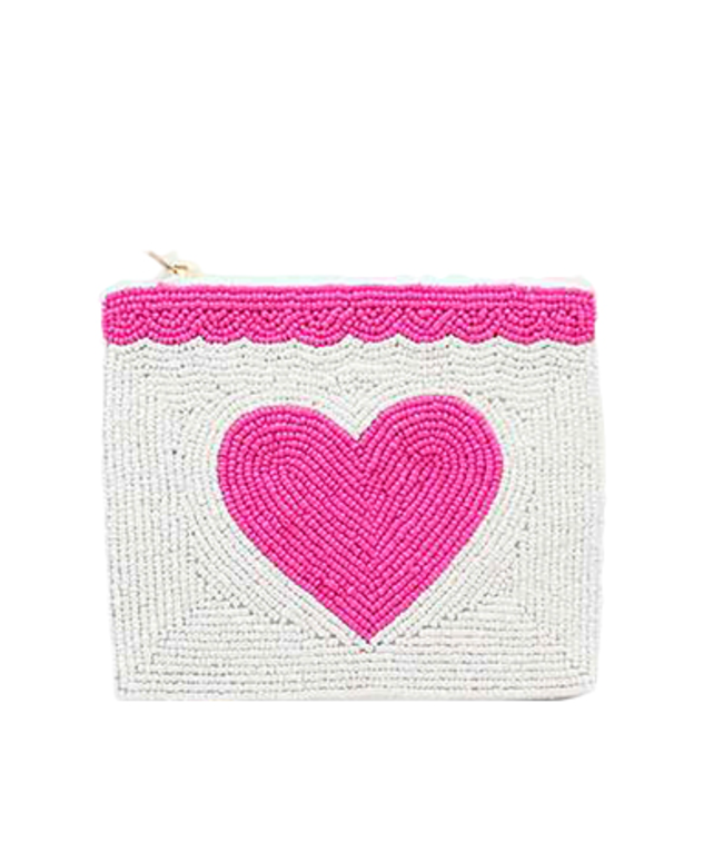 Pink and White Beaded Heart Coin Pouch