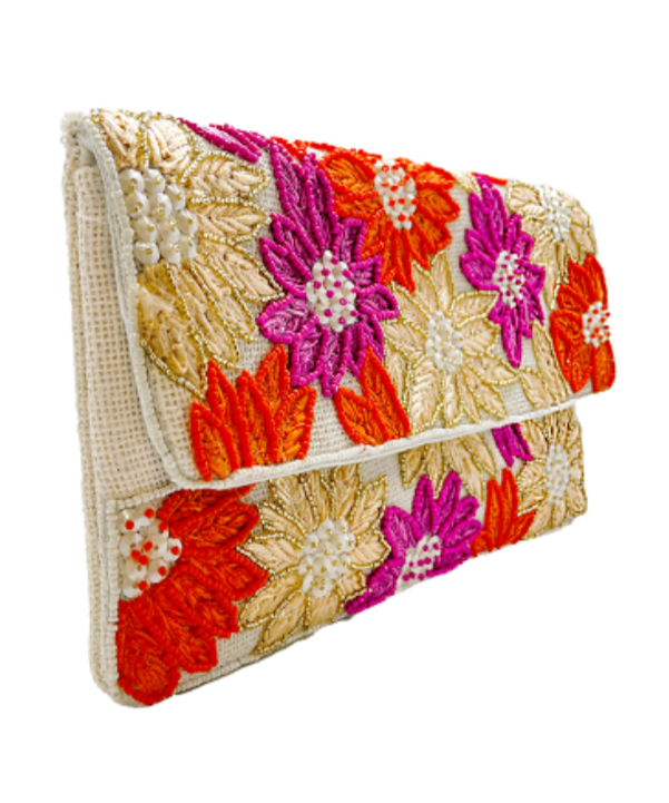 Floral Beaded Raffia Clutch side view