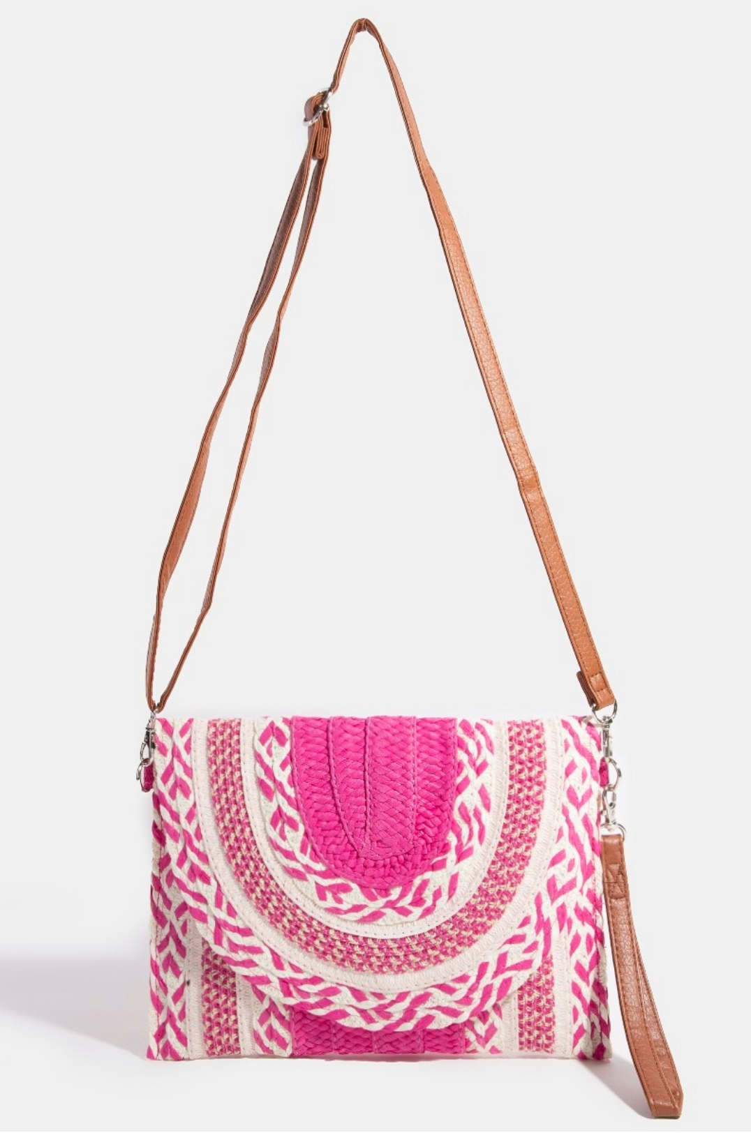 Multi Straw Pattern Envelope Crossbody Bag in pink with crossbody and wristlet straps