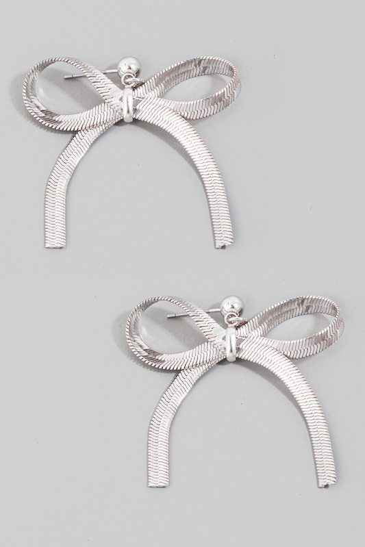 Flat Chain Ribbon Bow Dangle Stud Earrings