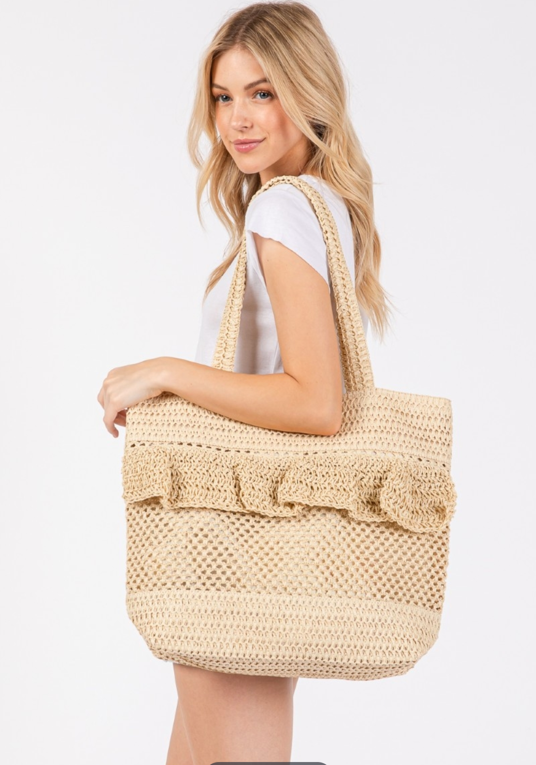 Crochet Straw Ruffle Detail Tote Bag