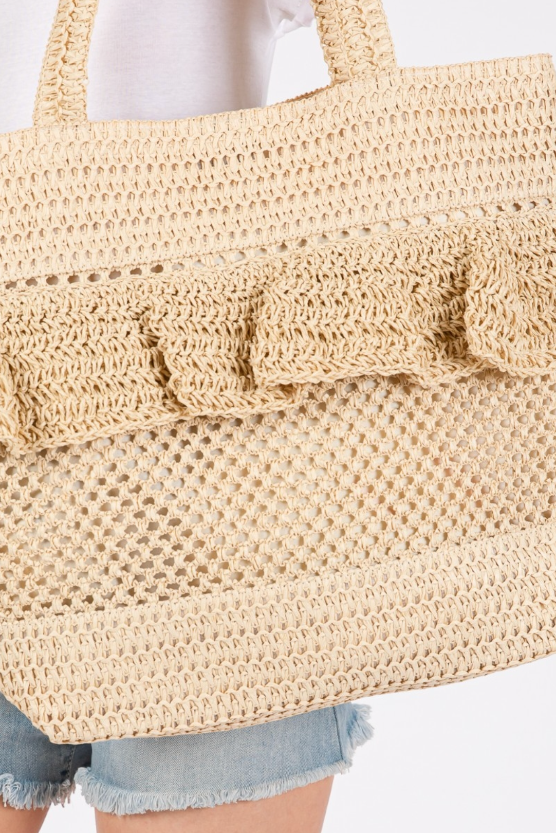 Crochet Straw Ruffle Detail Tote Bag