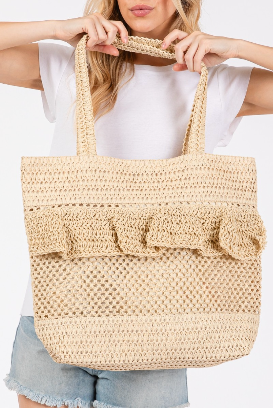 Crochet Straw Ruffle Detail Tote Bag