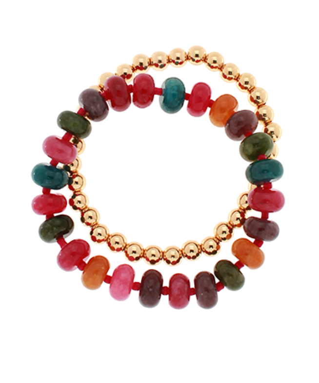 Semi-Precious Wide Stone & Beaded Bracelet Set