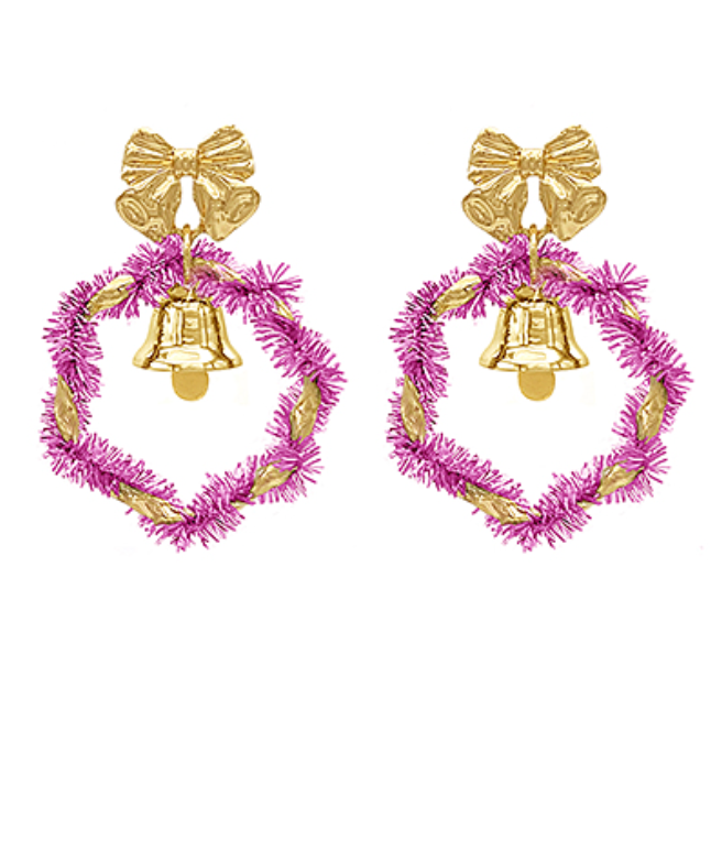 Christmas Wreath and Gold Bell Earrings
