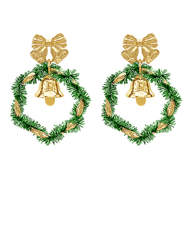 Christmas Wreath and Gold Bell Earrings