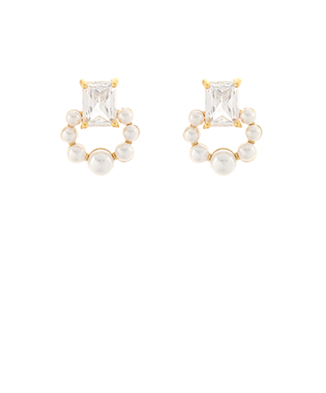 Baguette & Pearl Ring Stud Earrings