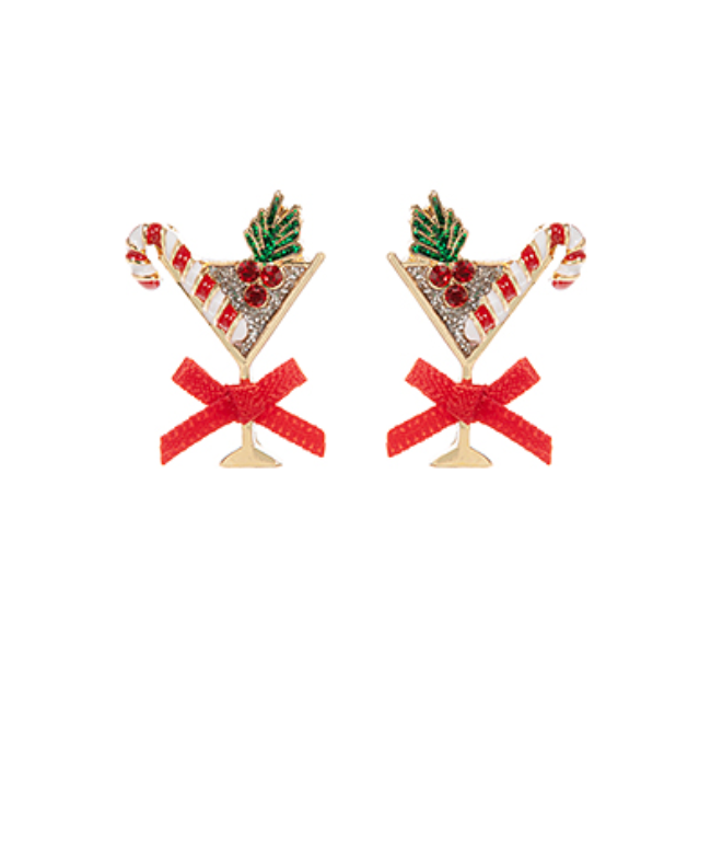Christmas-themed earrings with candy canes and bows on a white background