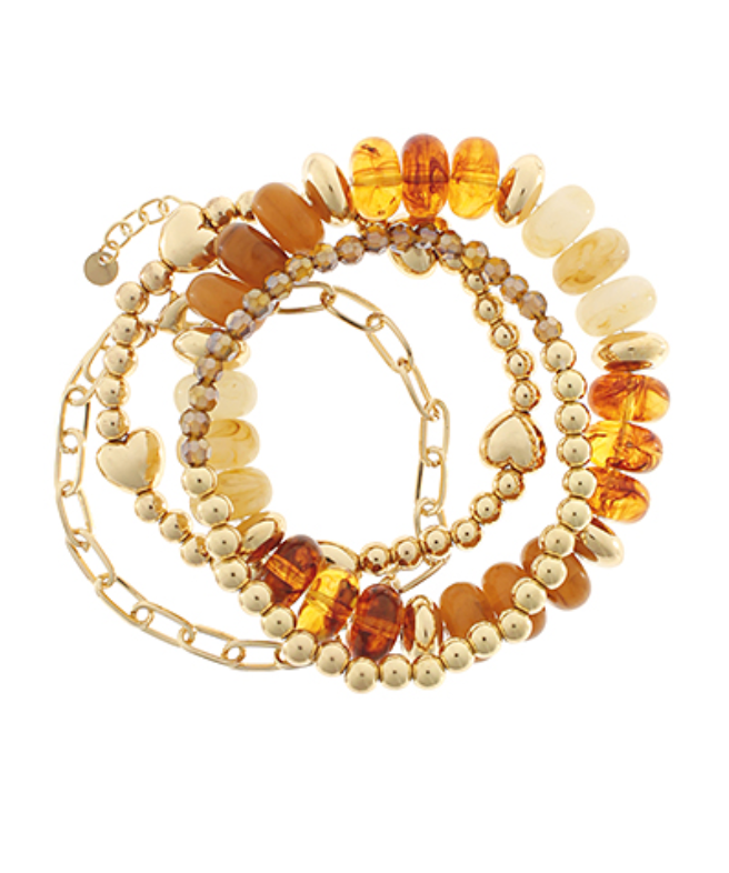4 Row Bead Heart Charm Bracelet Set