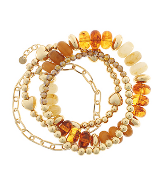 4 Row Bead Heart Charm Bracelet Set