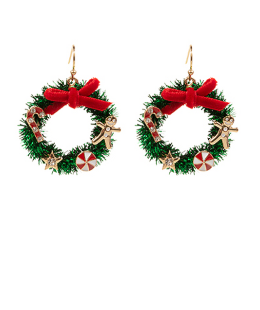 Decorated Christmas Wreath Drop Earrings