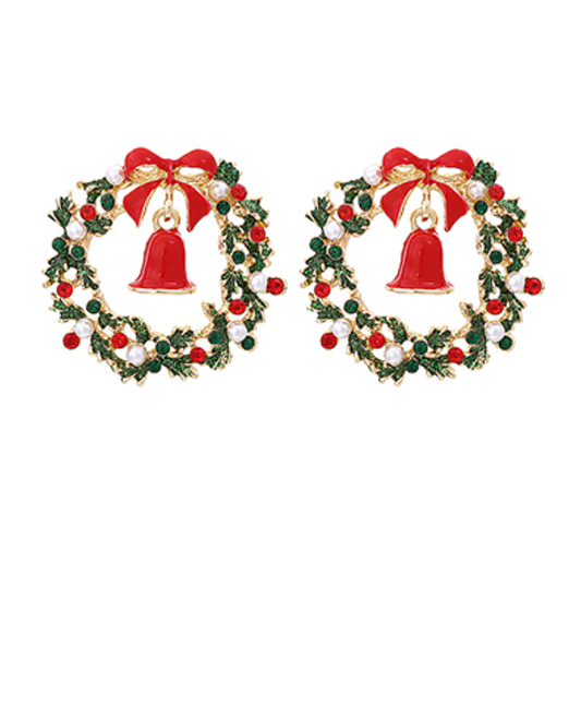 Jeweled Christmas Wreath & Bell Earrings