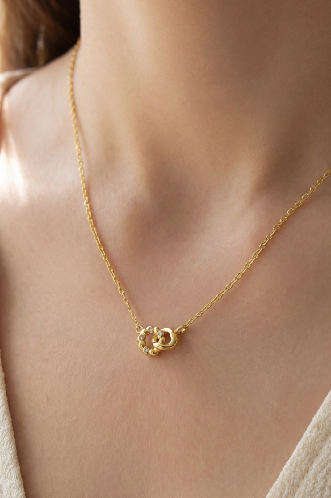 Gold Dipped Cz Studded Hoop Link Pendant Necklace