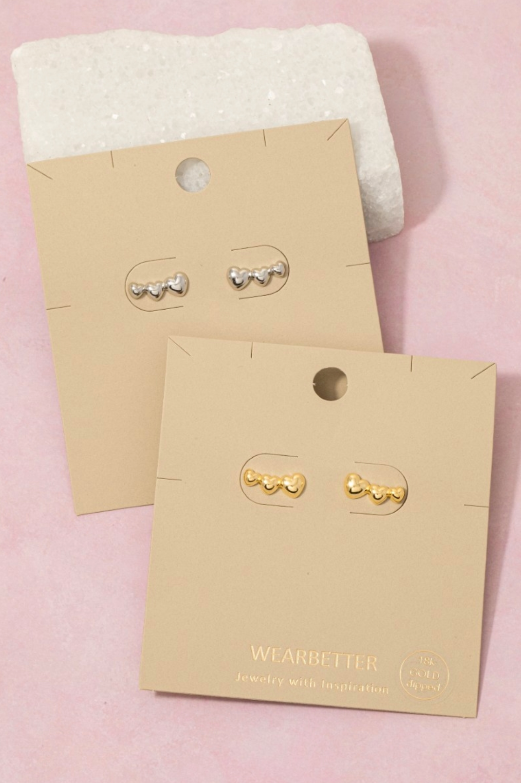 Gold Dipped Triple Heart Bar Stud Earrings