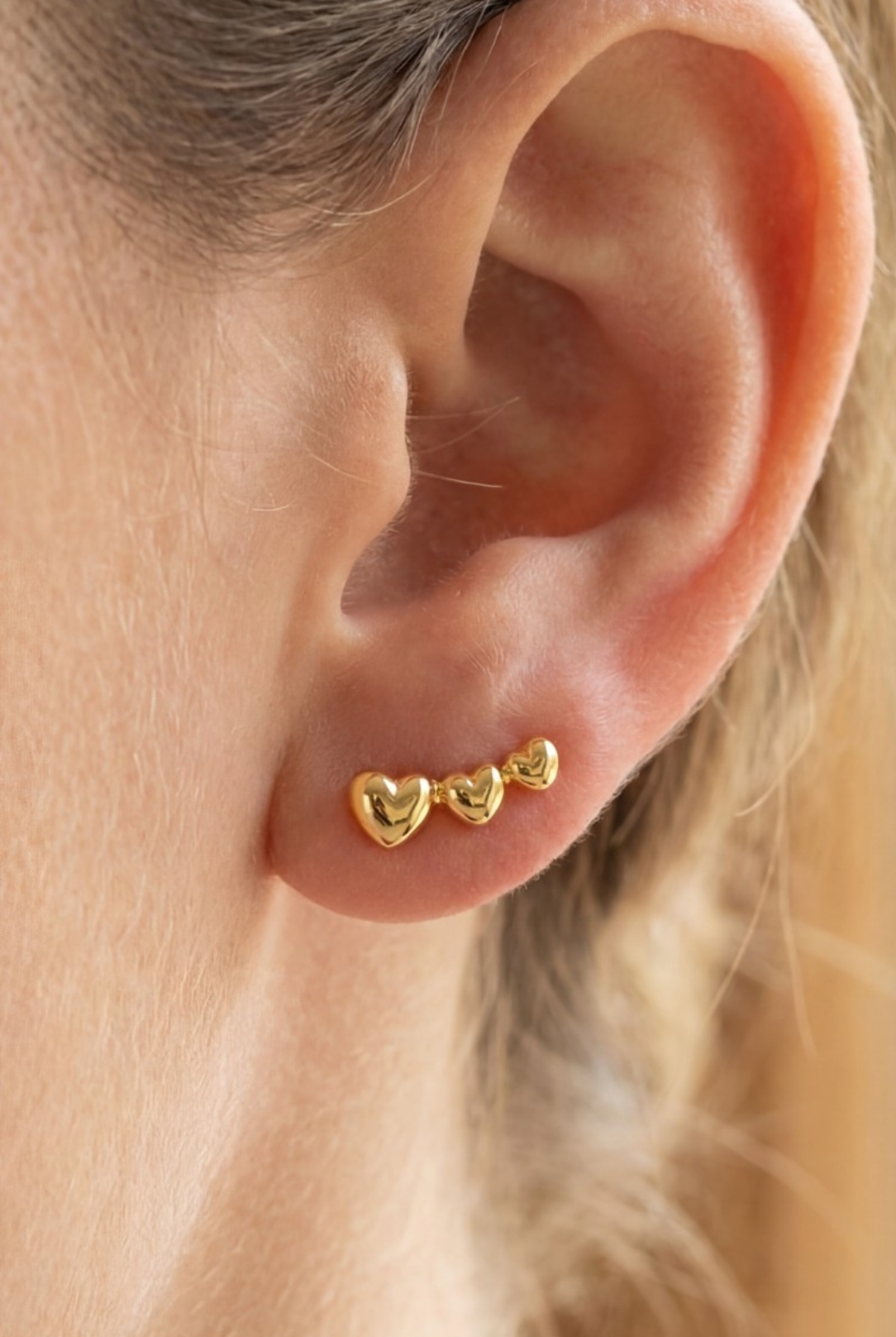 Gold Dipped Triple Heart Bar Stud Earrings