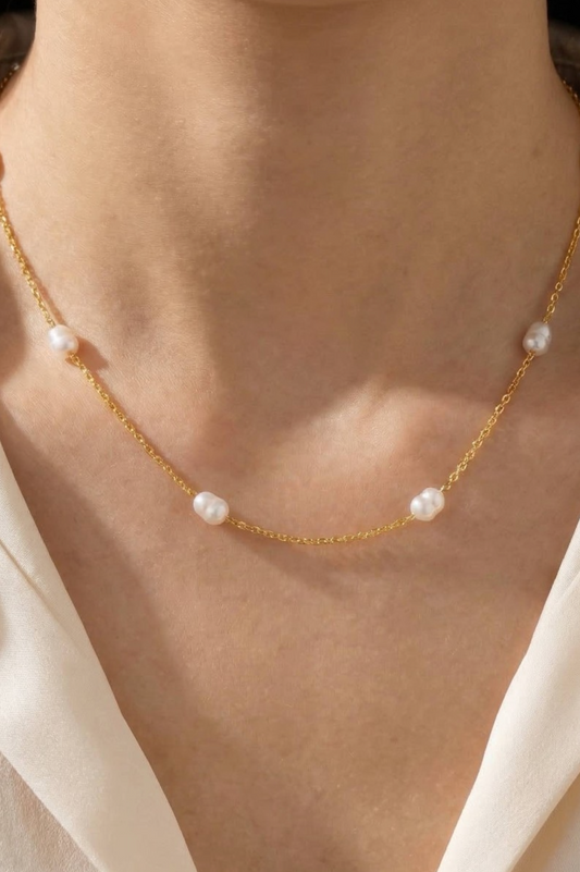 Gold Dipped Pearl Beads Station Chain Necklace
