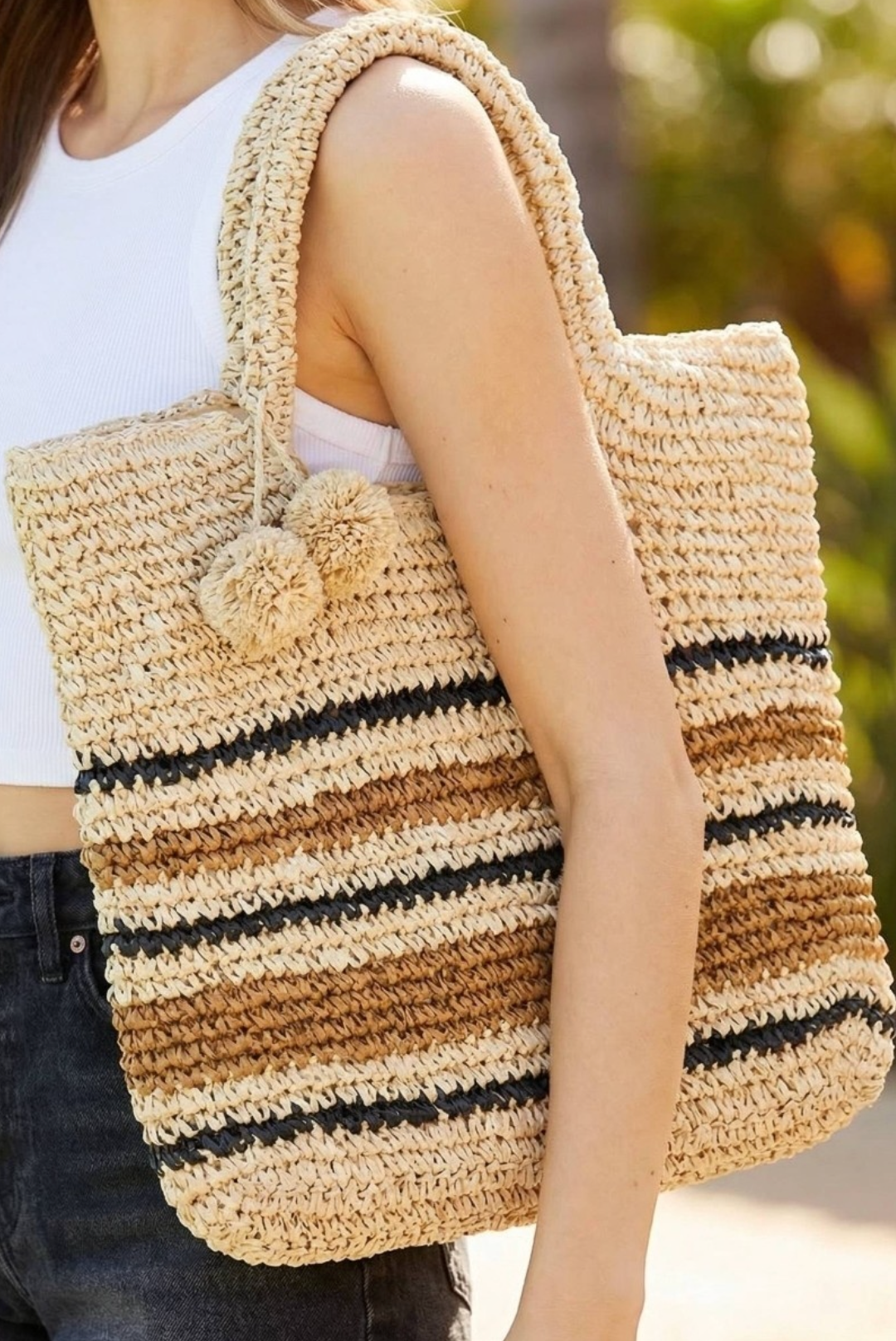 Striped Straw Braided Tote Bag