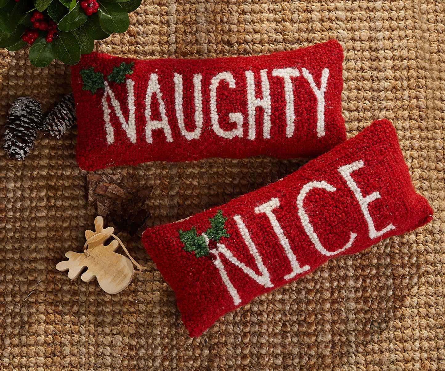 "Naughty" Red and Ivory Holiday Hooked Throw Pillow