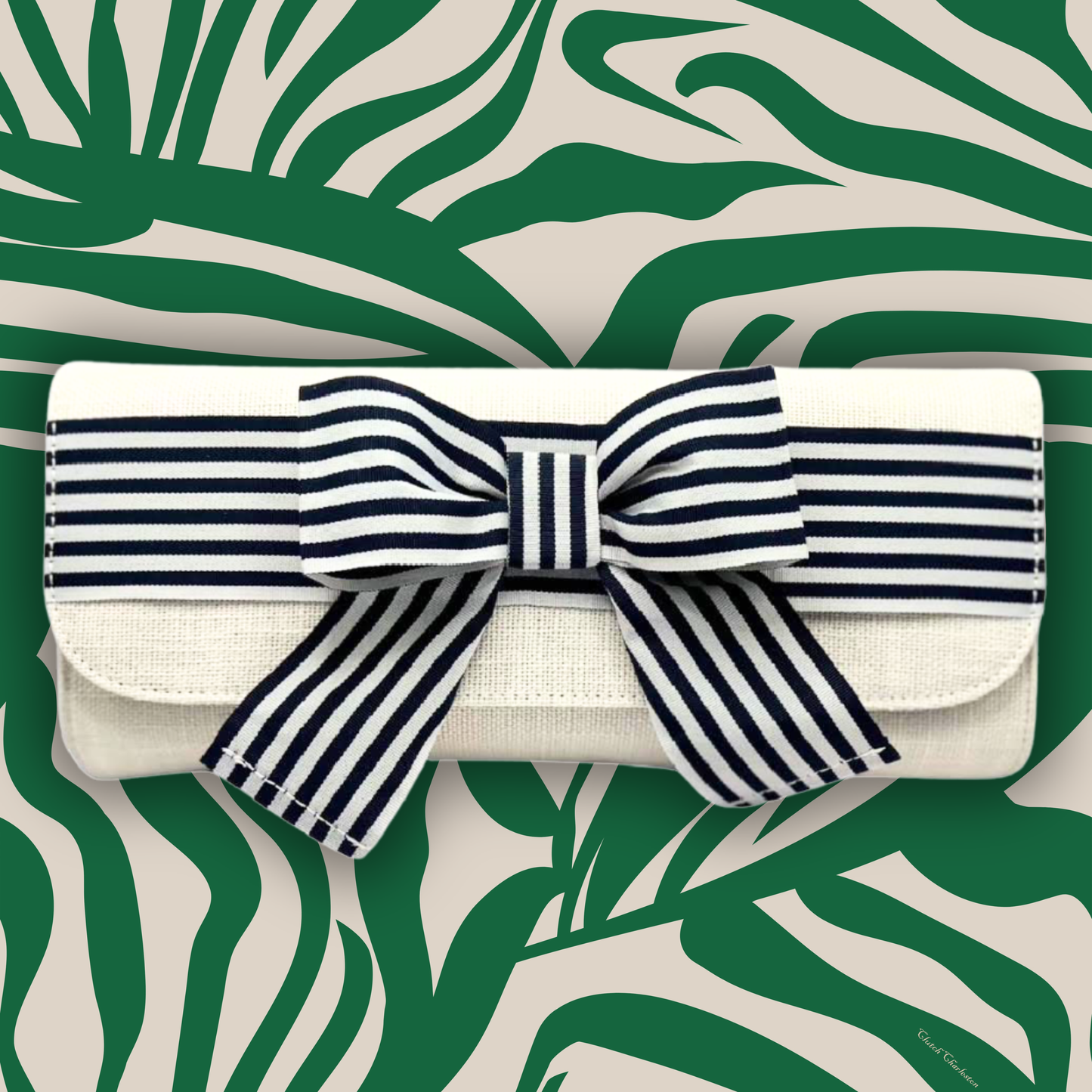 Church Clutch in White with Navy Grosgrain Bow