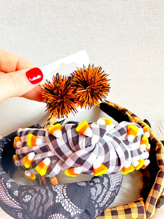 Orange and Black Party Pom Pom Tinsel Stud Earrings