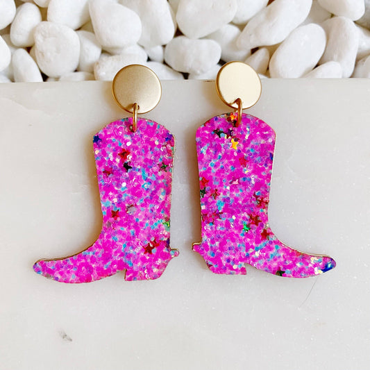 Pink glitter cowboy boot earrings