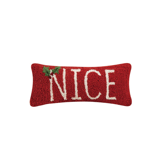 "Nice" Red and Ivory Holiday Hooked Throw Pillow