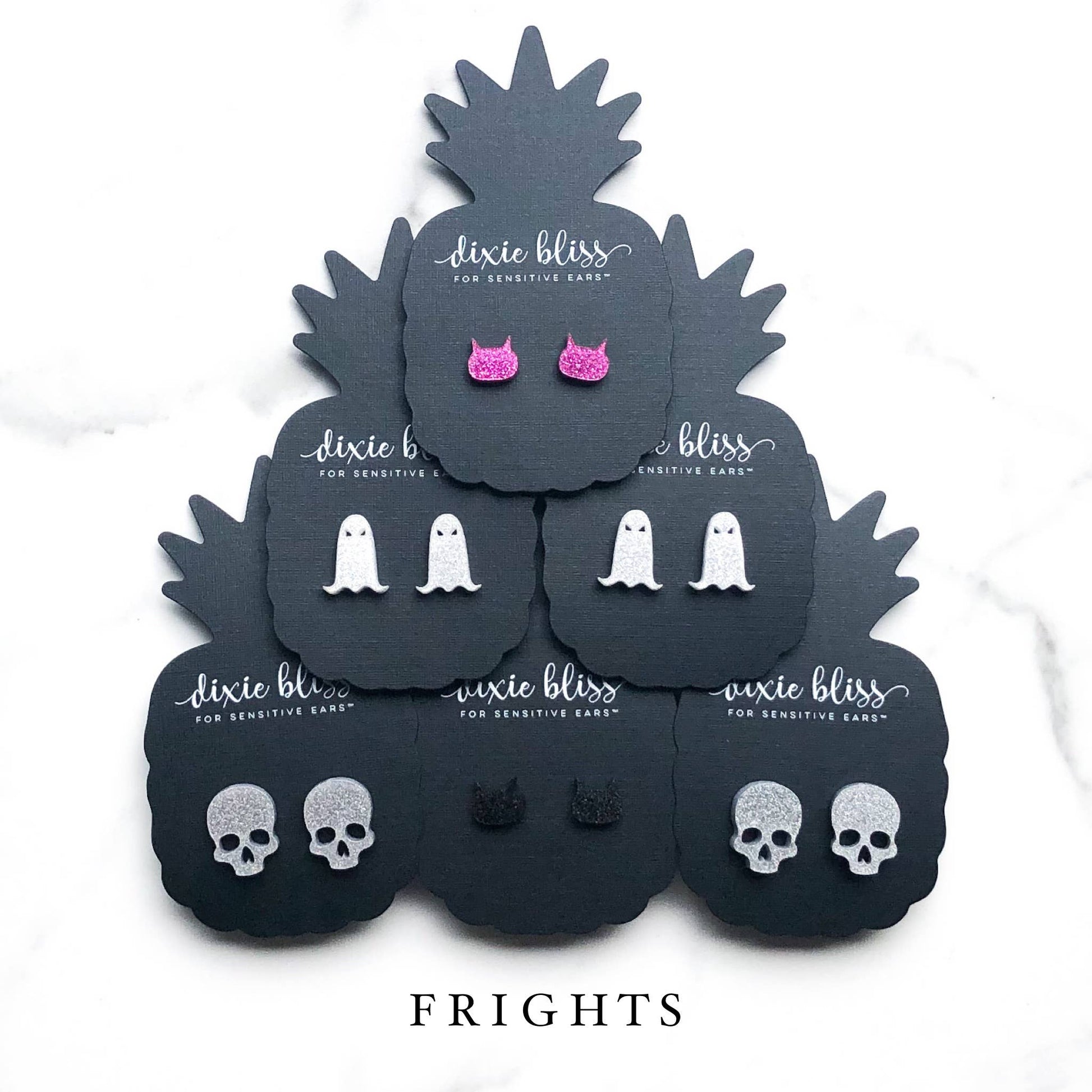 Halloween stud earrings - spooky ghosts, glittery magenta or black cats, or silver skulls. 