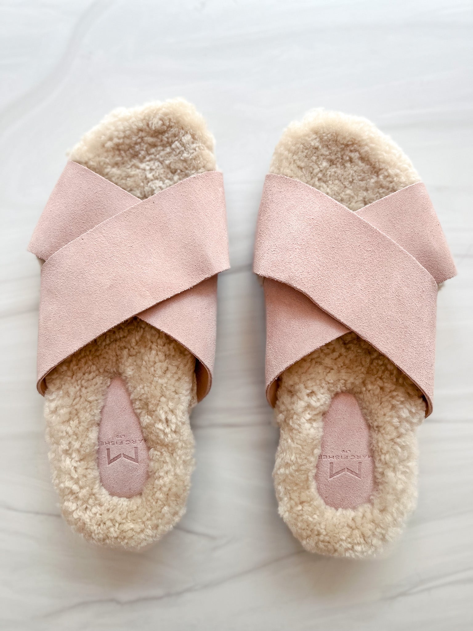 Marc Fisher Canna Cozy Slide in Light Pink Suede. Millennial Pink