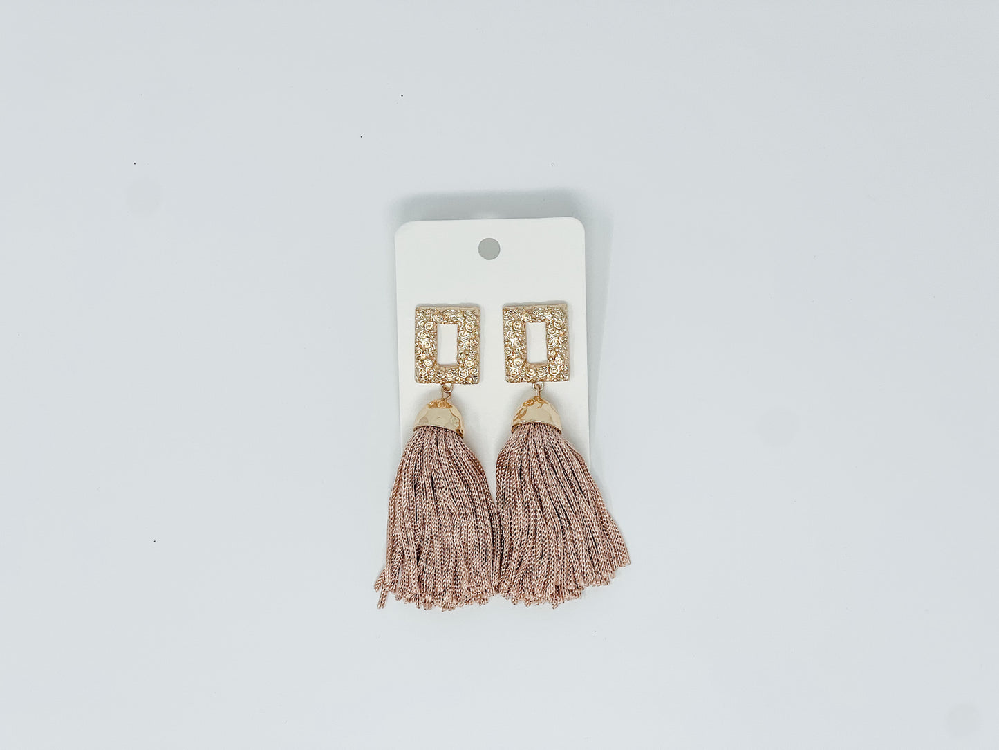 gold rectangle tassel earrings in taupe