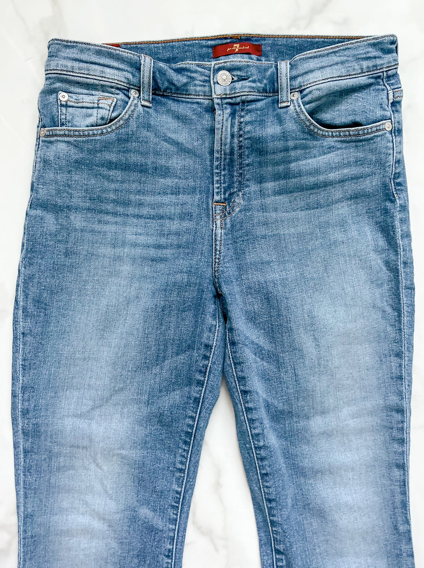 7 For All Mankind High-Waist Slim Kick Jeans with Destroyed Hem