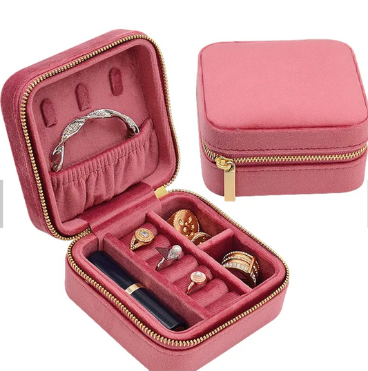 Plush Velvet or Vegan Leather Travel Jewelry Case