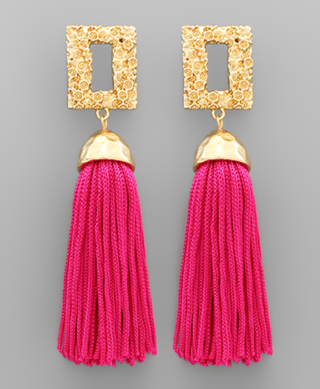 Gold Rectangle Tassel Earrings