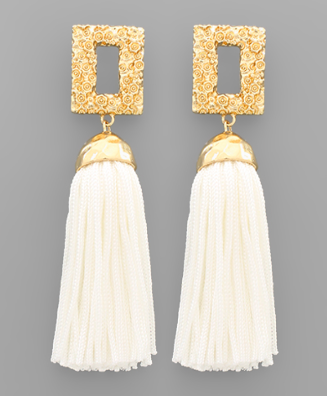 Gold Rectangle Tassel Earrings