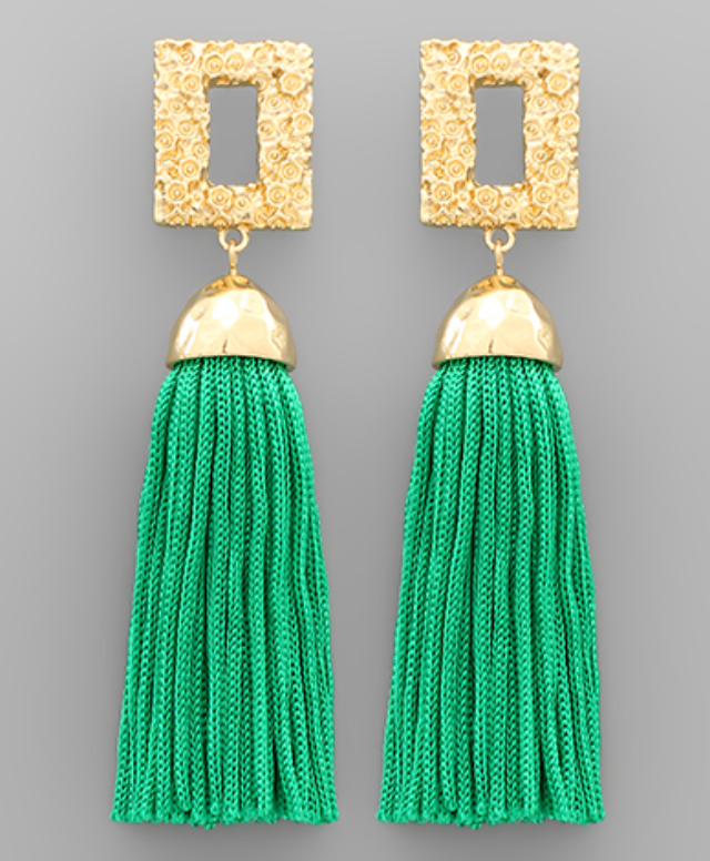 Gold Rectangle Tassel Earrings