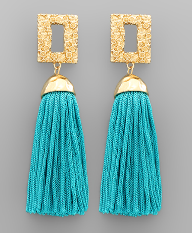 Gold Rectangle Tassel Earrings