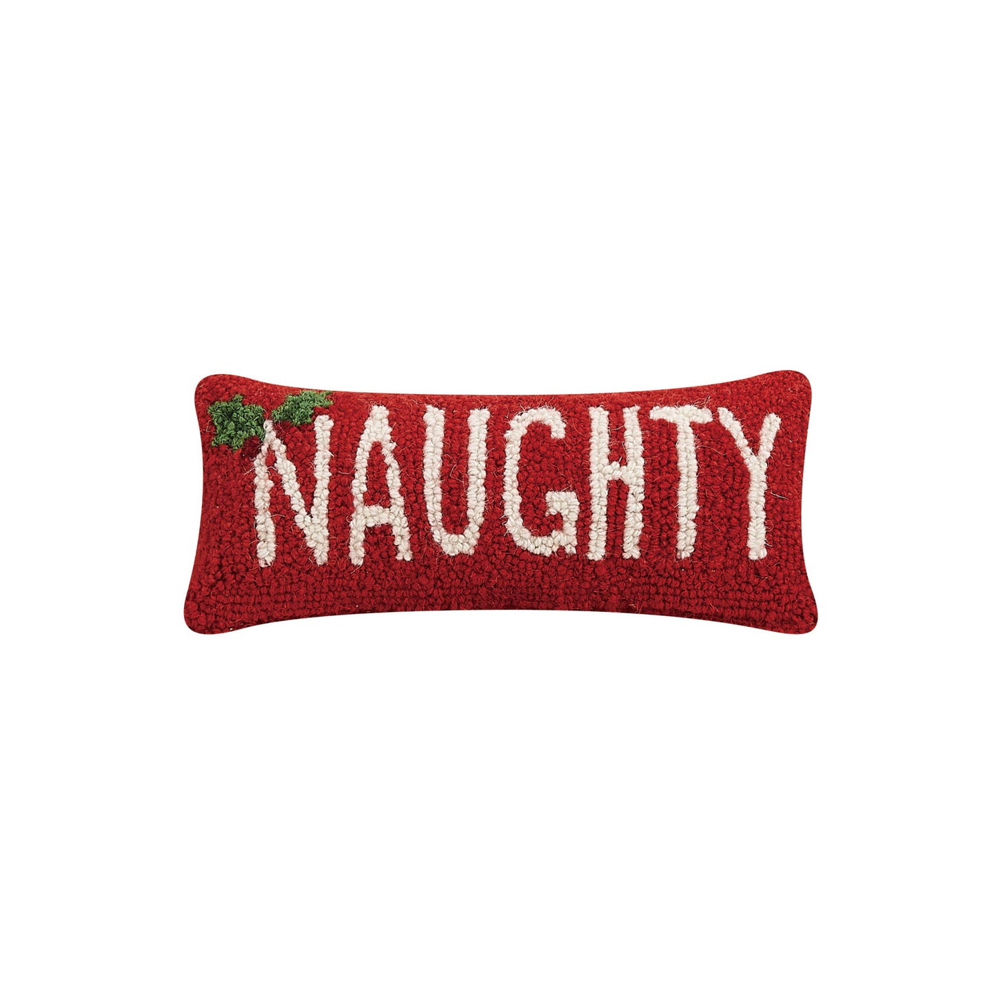 "Naughty" Red and Ivory Holiday Hooked Throw Pillow