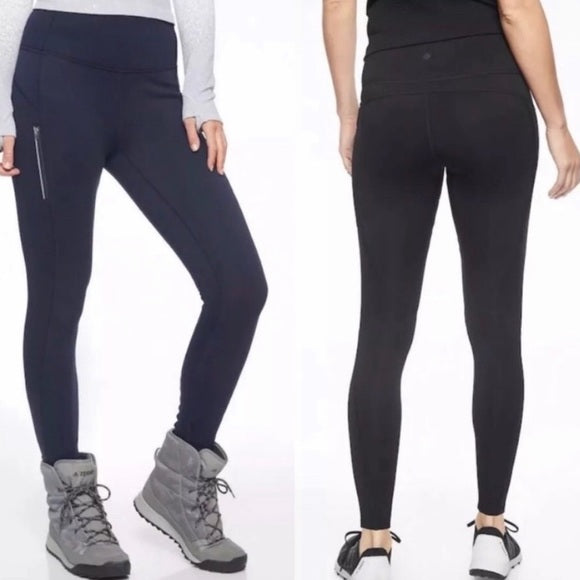 front and back image athleta fleece lined navy blue winter athletic tights. 