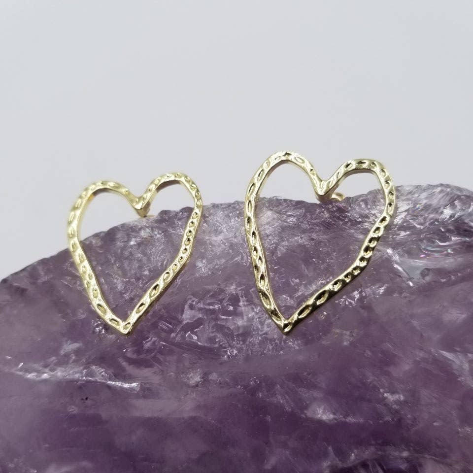 hammered heart gold earrings